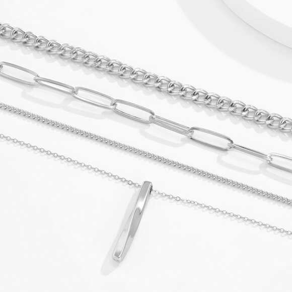 Layered necklace gold chunky multilayered bar pendant paperclip chain Jewelry - Picture 3 of 6